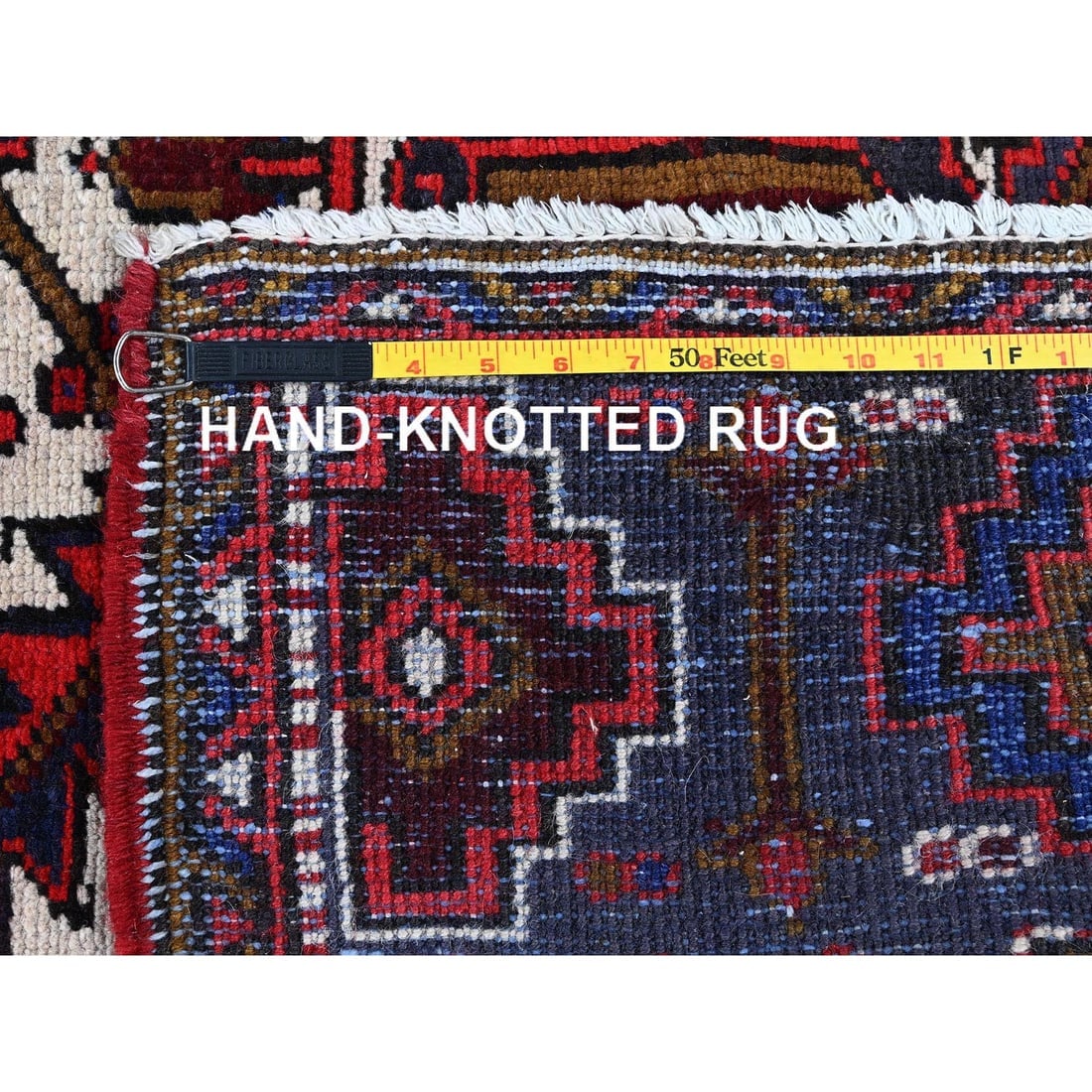 Red Vintage Persian Heriz with Medallion Design Hand Knotted Wool Rug - 11