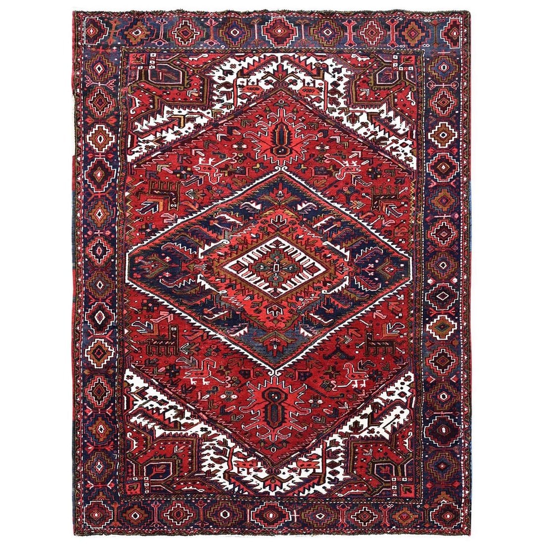 Red Vintage Persian Heriz with Medallion Design Hand Knotted Wool Rug: Title: Red Vintage Persian Heriz with Medallion Design Hand Knotted Wool Rug Description:This is a truly genuine one-of-a-kind. It has been Knotted for months and months in the centuries-old weaving c