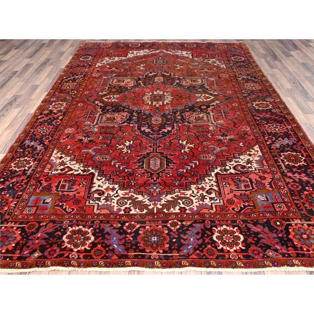 Prismatic Red, Pure Wool, Hand Knotted, Semi Antique Persian Heriz Rug - 2