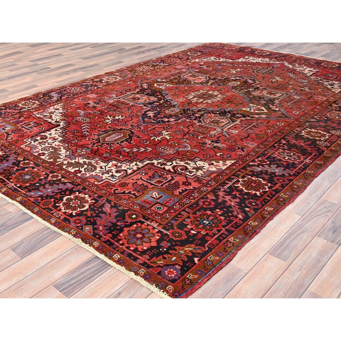 Prismatic Red, Pure Wool, Hand Knotted, Semi Antique Persian Heriz Rug - 3