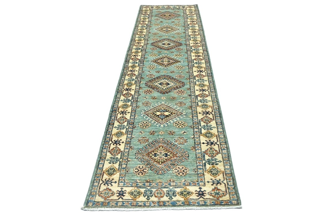Aqua Tribal Geometric 2'7X9'4 Kazak Pakistan Oriental Runner Rug - 3