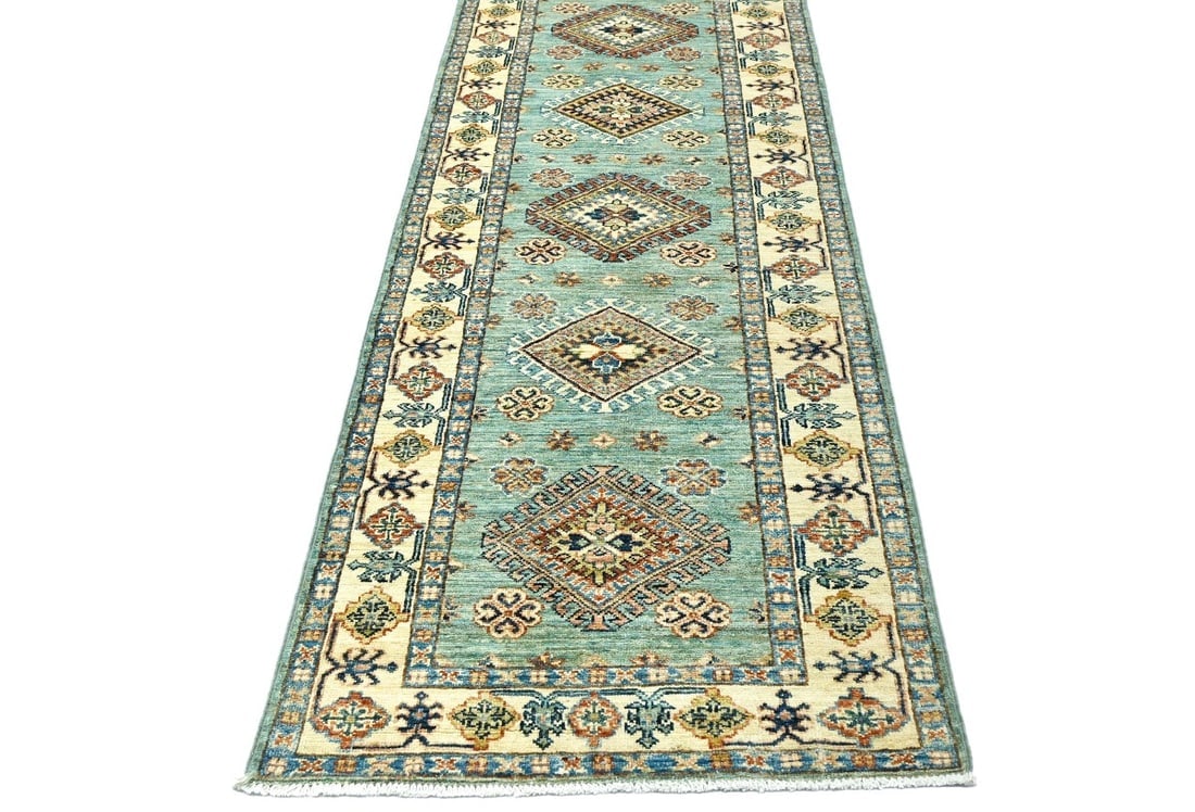 Aqua Tribal Geometric 2'7X9'4 Kazak Pakistan Oriental Runner Rug - 4