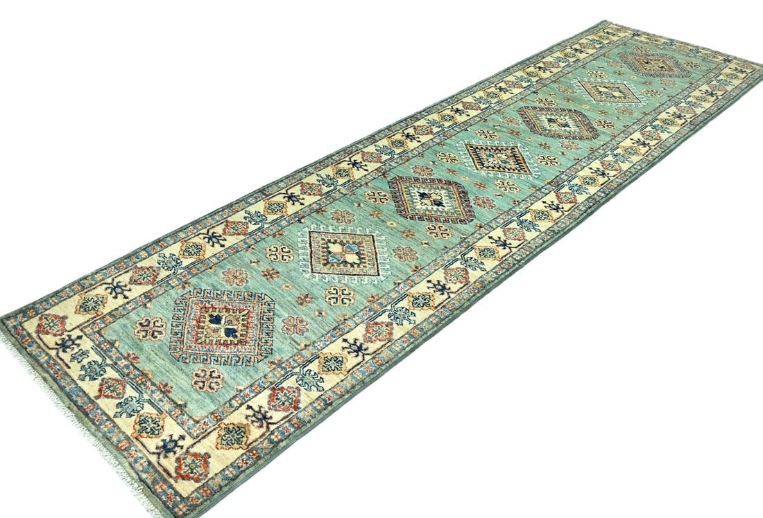 Aqua Tribal Geometric 2'7X9'4 Kazak Pakistan Oriental Runner Rug - 5