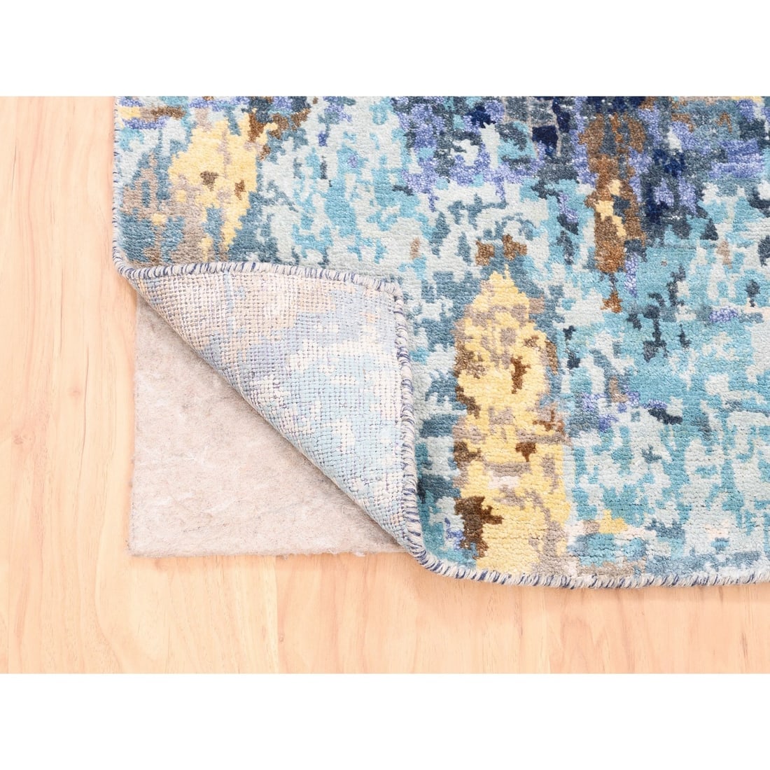 Hand Knotted Blue Mosaic Design Wool and Silk Oriental Runner Rug - 3