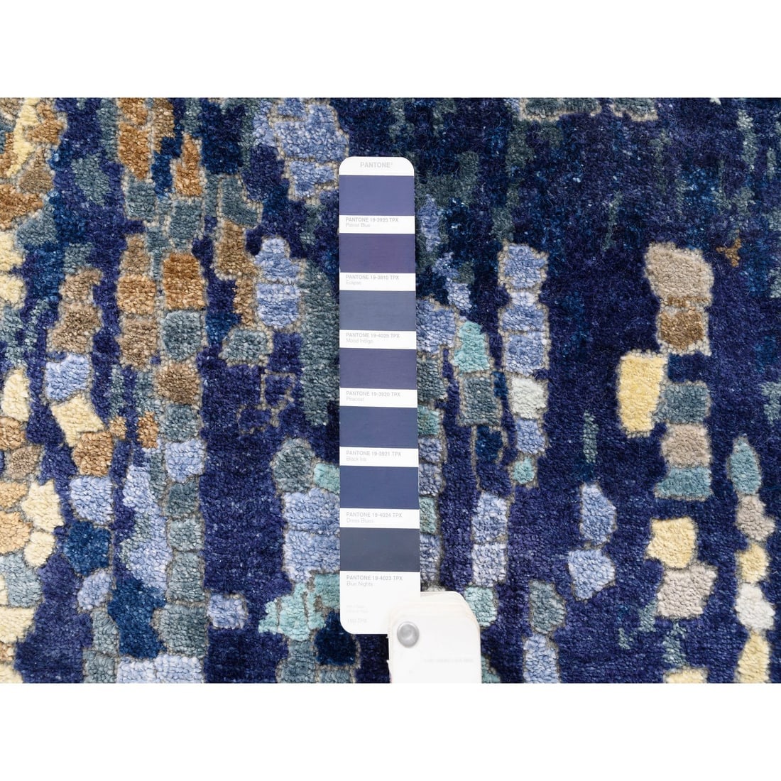 Hand Knotted Blue Mosaic Design Wool and Silk Oriental Runner Rug - 4