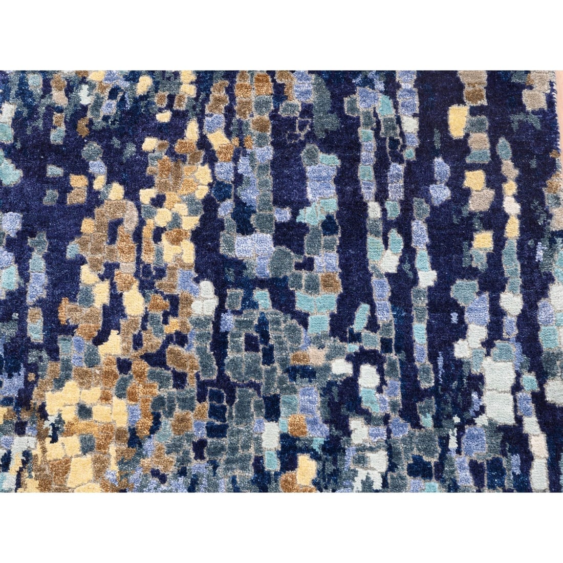 Hand Knotted Blue Mosaic Design Wool and Silk Oriental Runner Rug - 5