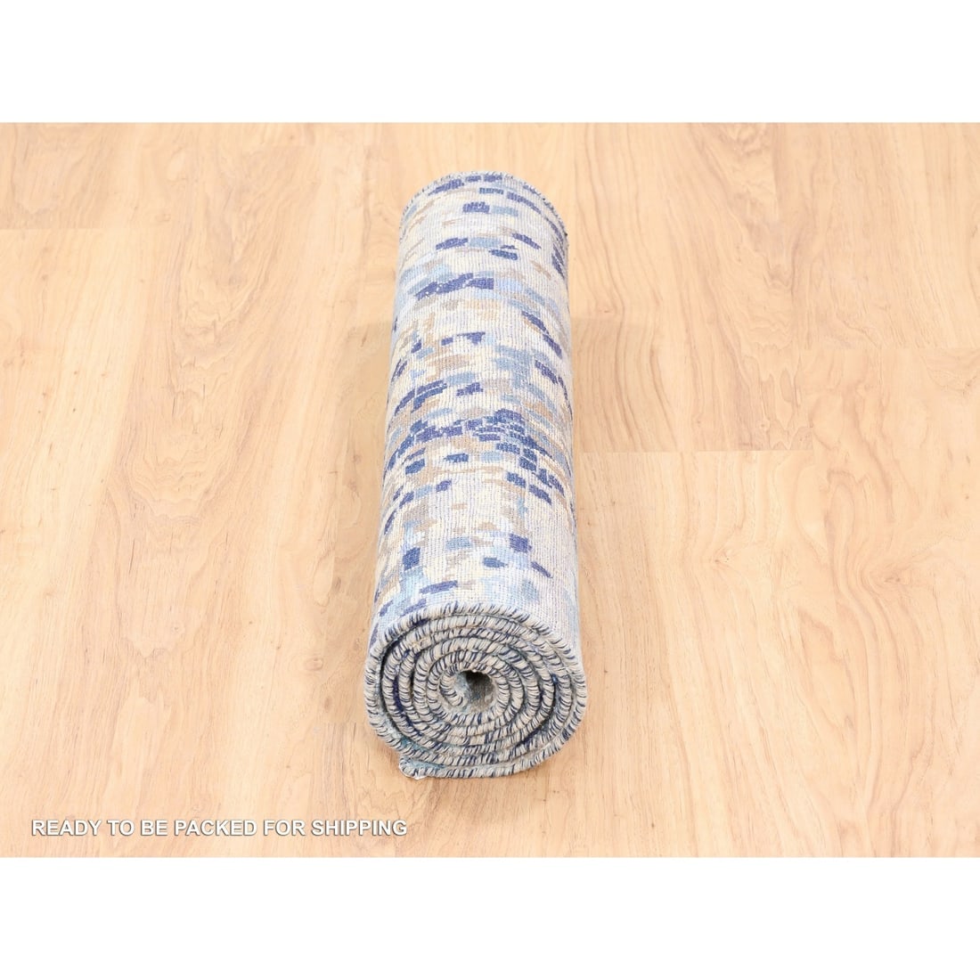 Hand Knotted Blue Mosaic Design Wool and Silk Oriental Runner Rug - 6