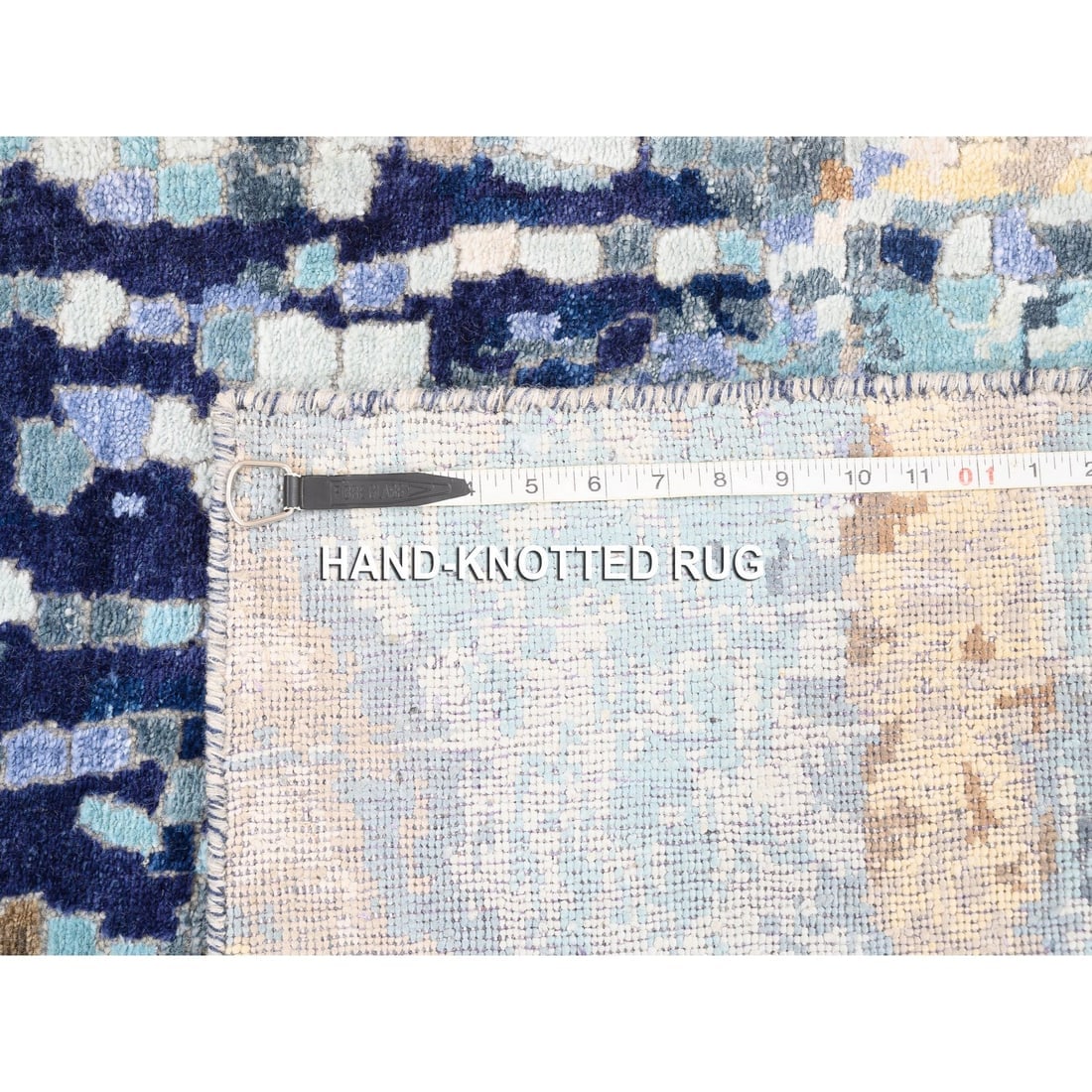 Hand Knotted Blue Mosaic Design Wool and Silk Oriental Runner Rug - 8