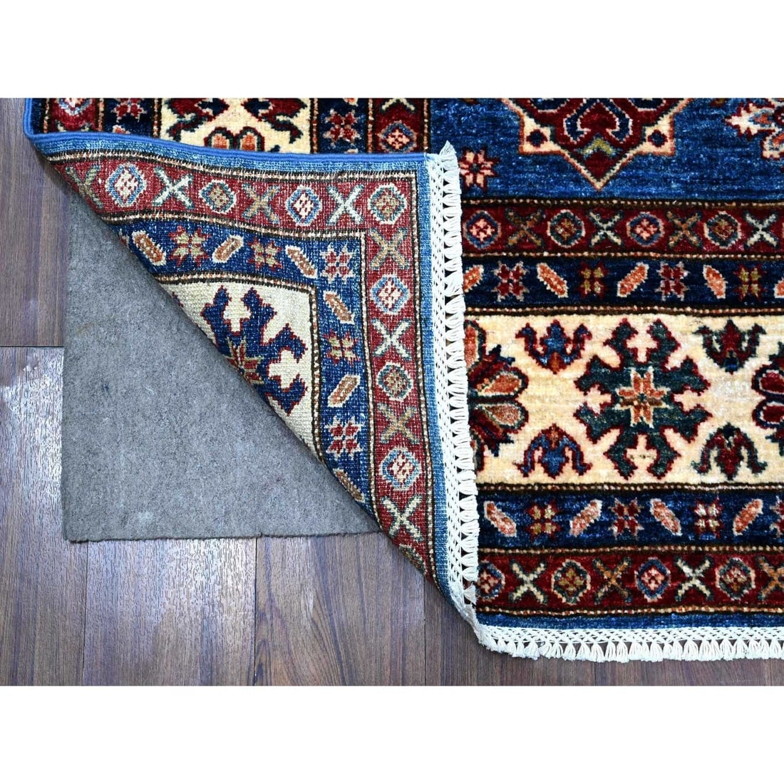 Berry Blue Hand Knotted Super Kazak Medallions Wool Oriental Rug - 2