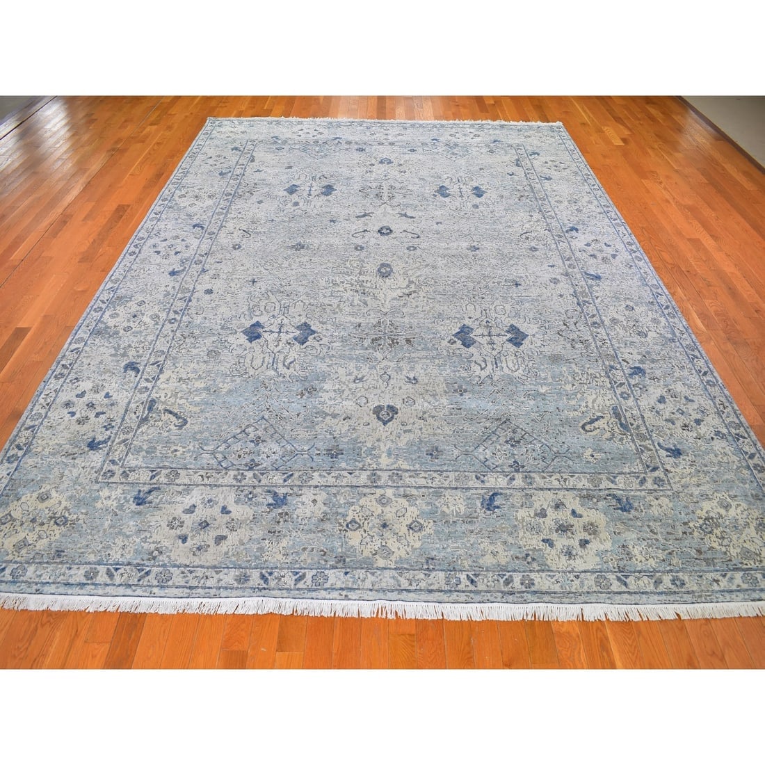 Blue Distressed Oushak Pure Silk with Textured Wool Hand Knotted Rug - 2