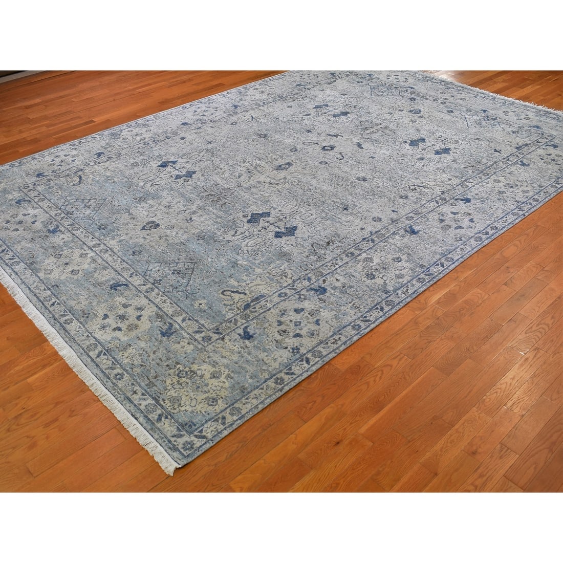Blue Distressed Oushak Pure Silk with Textured Wool Hand Knotted Rug - 3