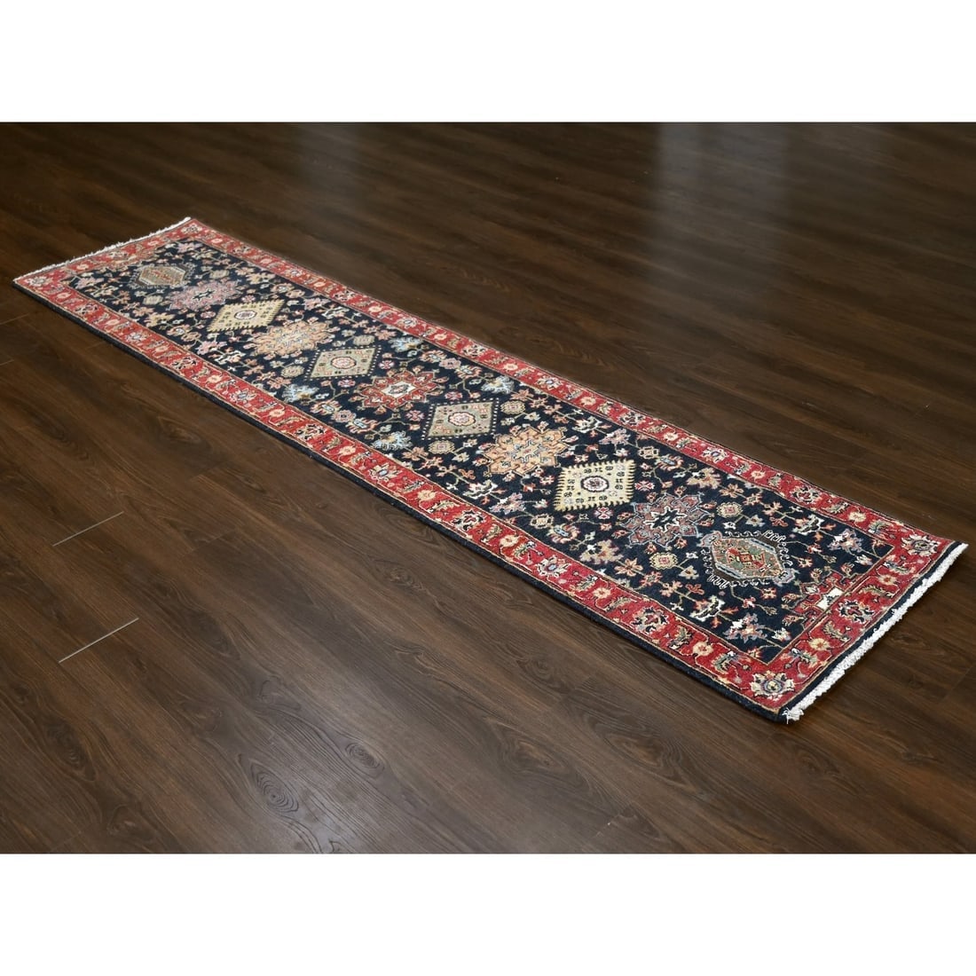 Denim Black, Organic Wool, Hand Knotted, Karajeh Design Runner Rug - 2