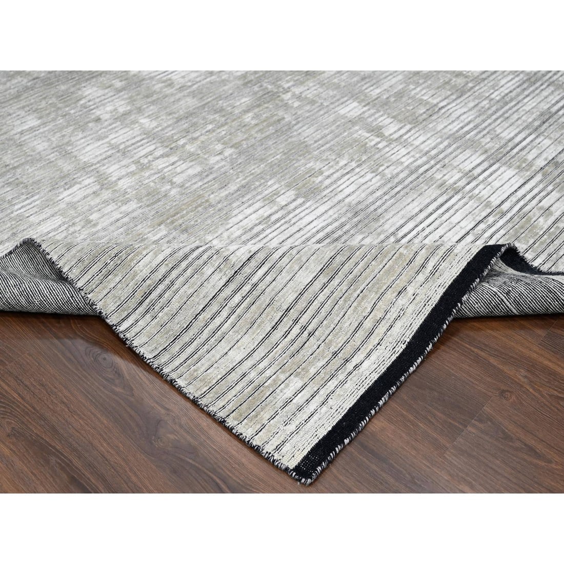 Taupe and Black Hand Loomed Modern Design Wool and Silk Oriental Rug - 6