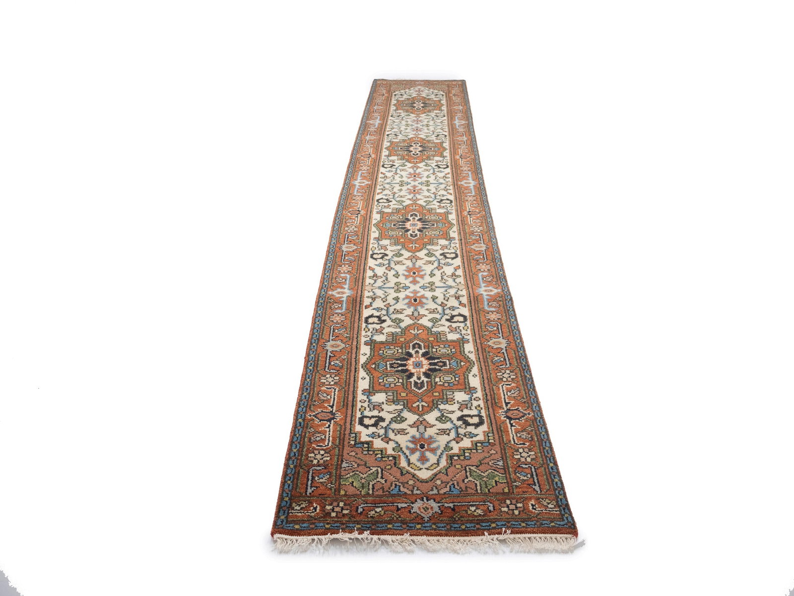 Cream Floral 3X16 Heriz Serapi Oriental Runner Rug - 3