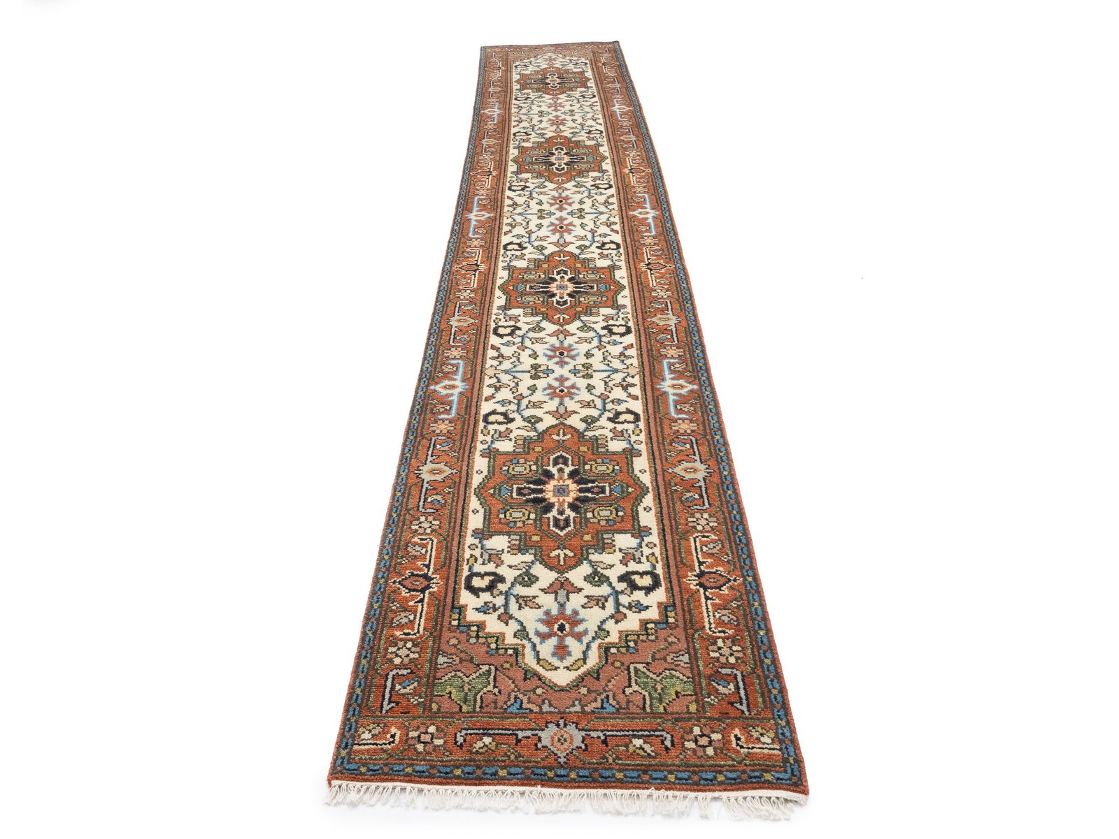 Cream Floral 3X16 Heriz Serapi Oriental Runner Rug - 5