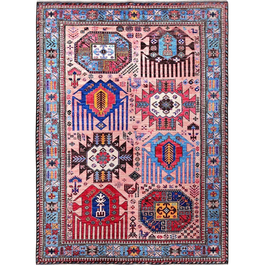 Rose Pink Afghan Ersari Caucasian Design Revival Hand Knotted Wool Rug: Title: Rose Pink Afghan Ersari Caucasian Design Revival Hand Knotted Wool Rug Description:This is a truly genuine one-of-a-kind. It has been Knotted for months and months in the centuries-old weaving 