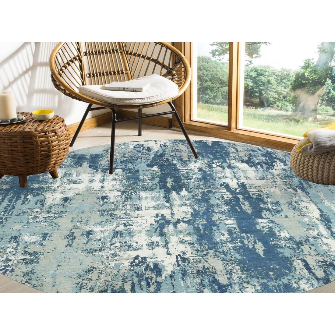Blue, Hand Knotted Abstract Design, Pure Silk and Wool Round Rug - 2