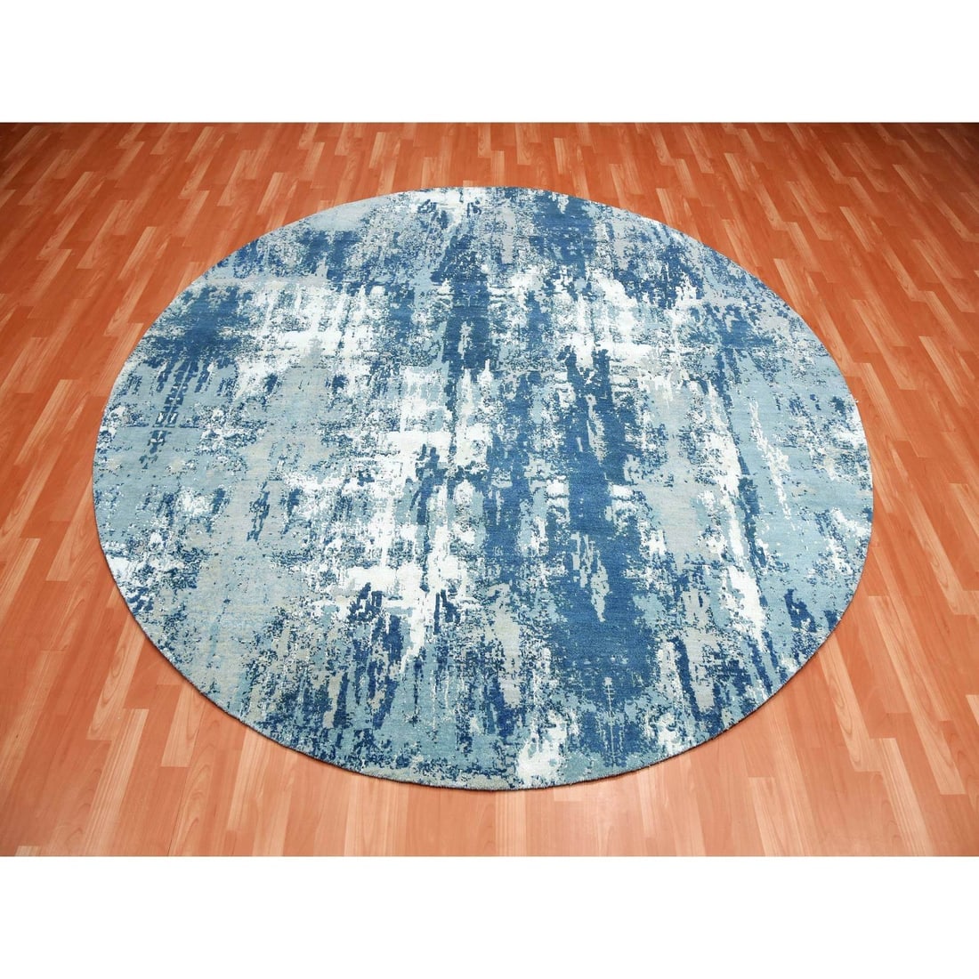 Blue, Hand Knotted Abstract Design, Pure Silk and Wool Round Rug - 3