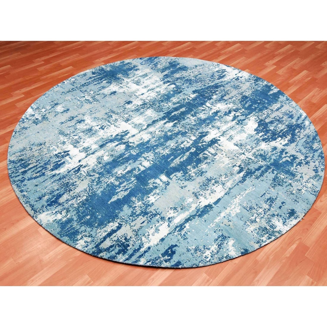 Blue, Hand Knotted Abstract Design, Pure Silk and Wool Round Rug - 4