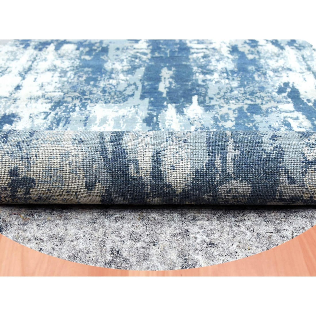 Blue, Hand Knotted Abstract Design, Pure Silk and Wool Round Rug - 5