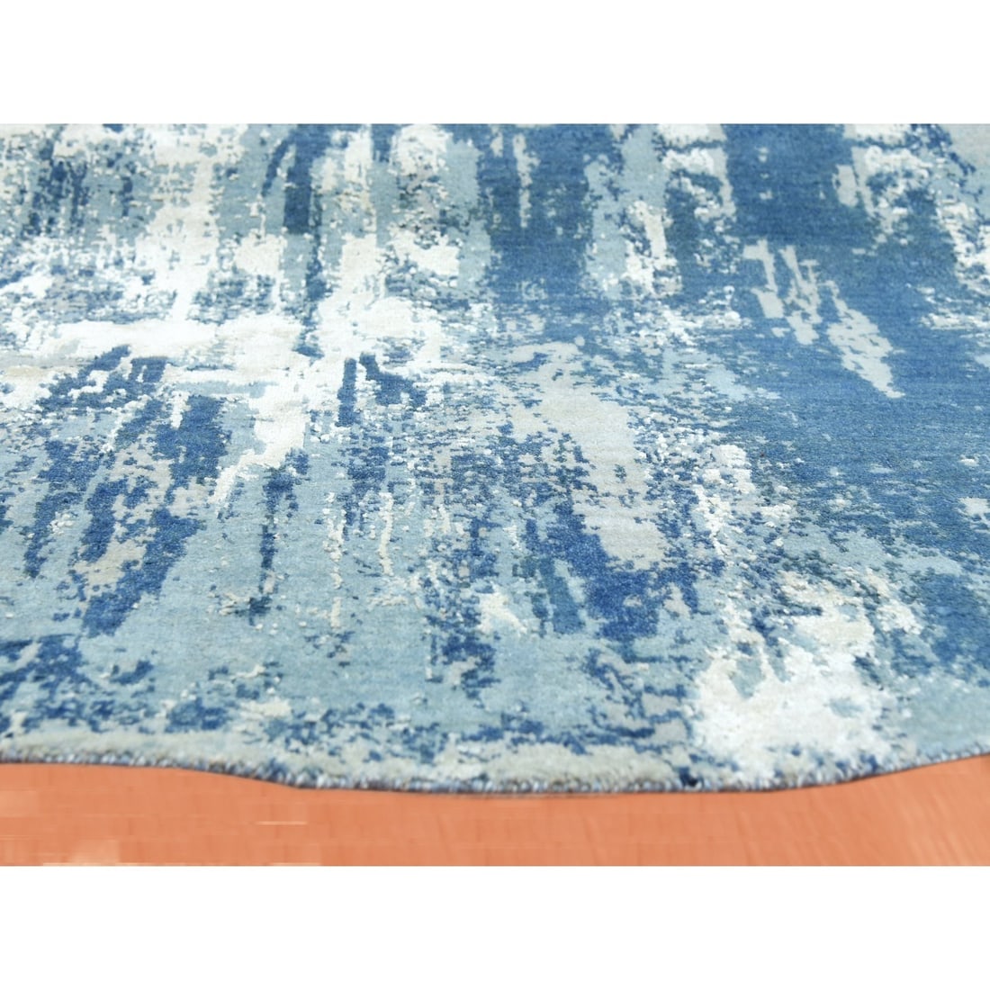 Blue, Hand Knotted Abstract Design, Pure Silk and Wool Round Rug - 7