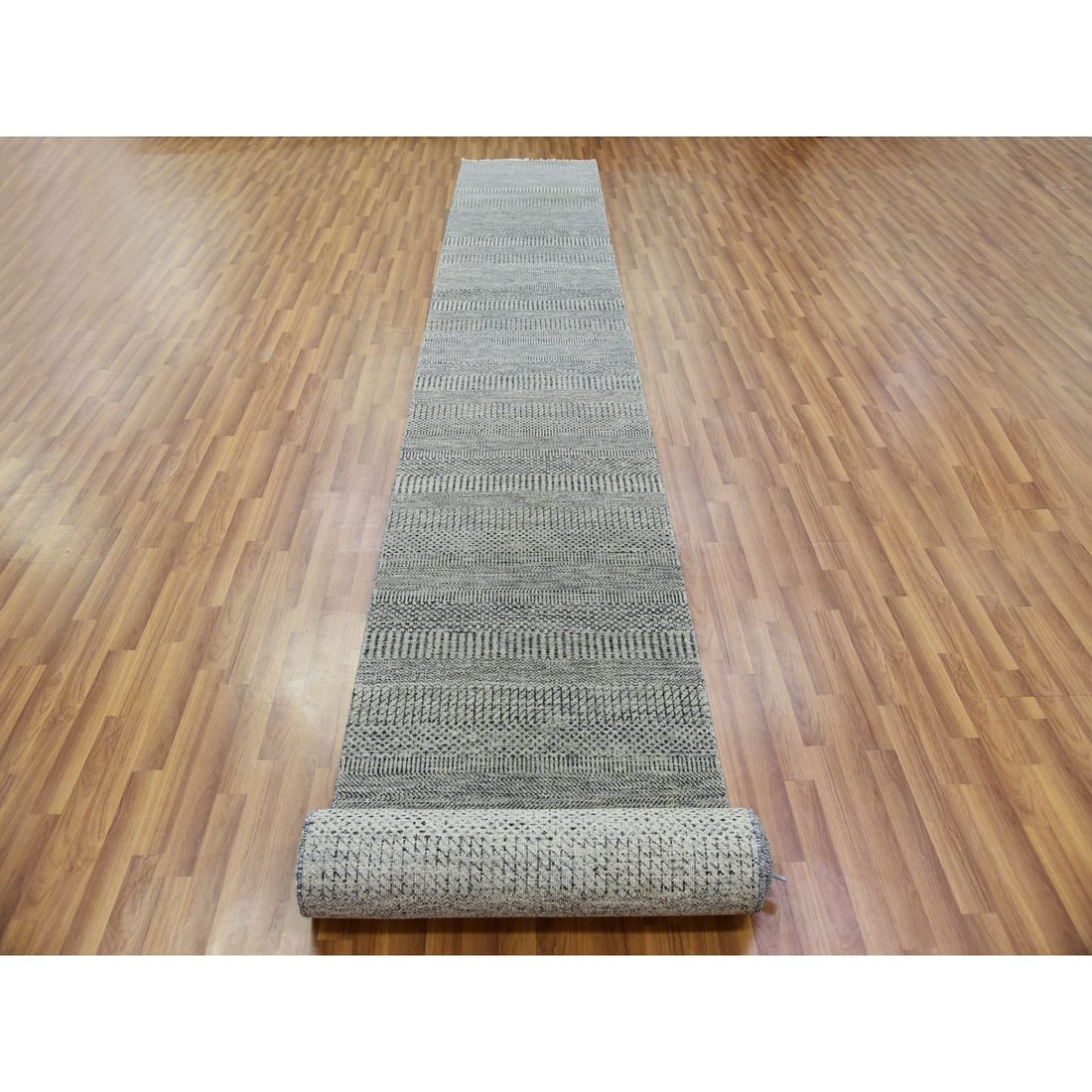 Owl Gray Hand Knotted Grass Design XL Runner Undyed Wool Rug - 2