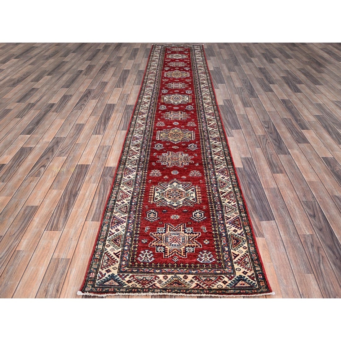 Carmine Red Hand Knotted Super Kazak Shiny Wool Runner Oriental Rug - 2