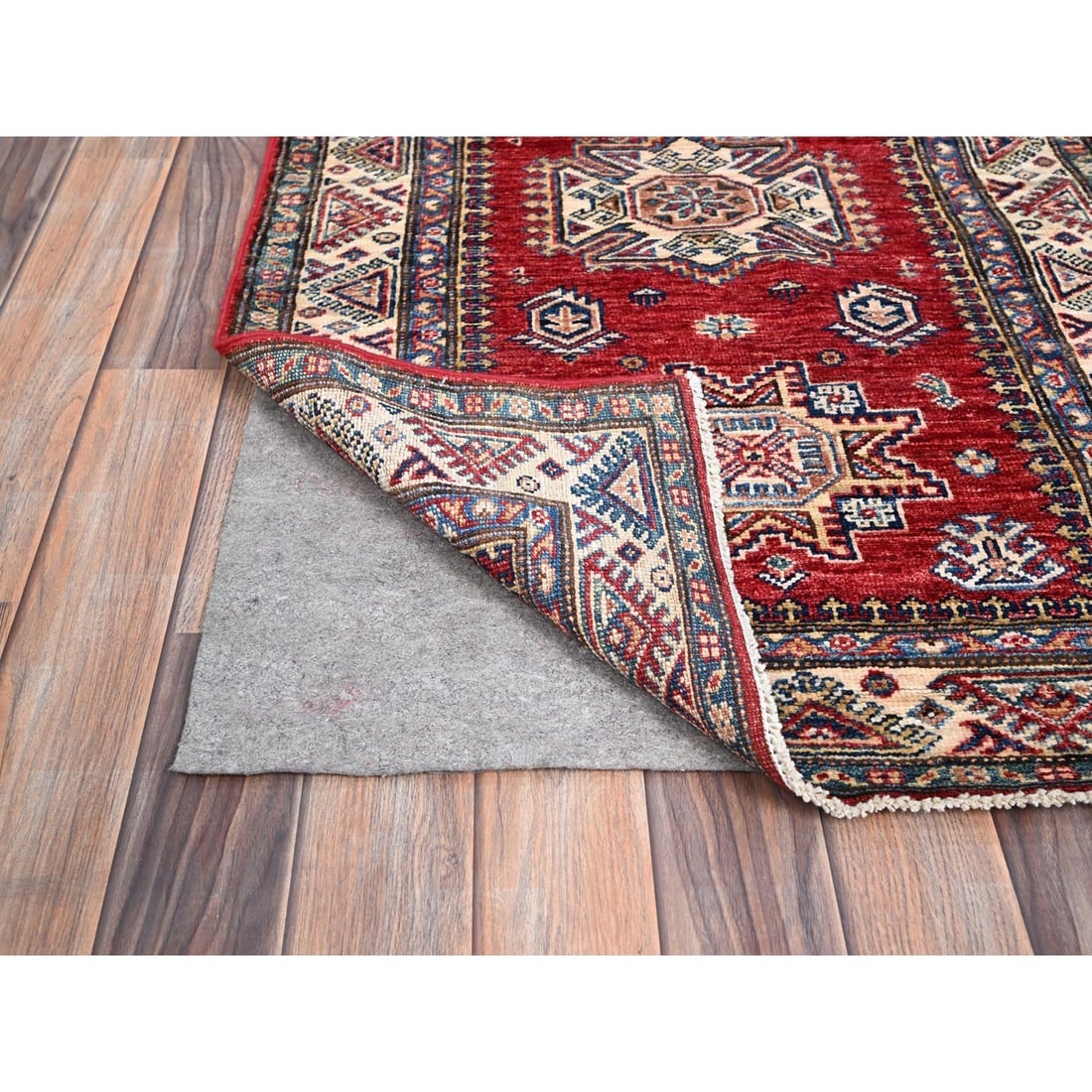 Carmine Red Hand Knotted Super Kazak Shiny Wool Runner Oriental Rug - 3