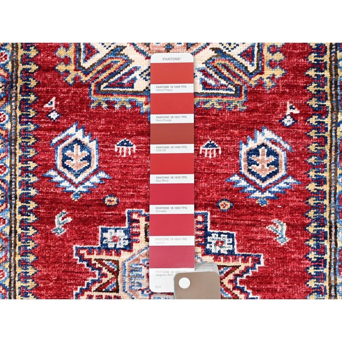 Carmine Red Hand Knotted Super Kazak Shiny Wool Runner Oriental Rug - 4