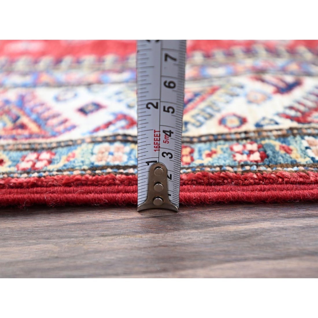 Carmine Red Hand Knotted Super Kazak Shiny Wool Runner Oriental Rug - 6