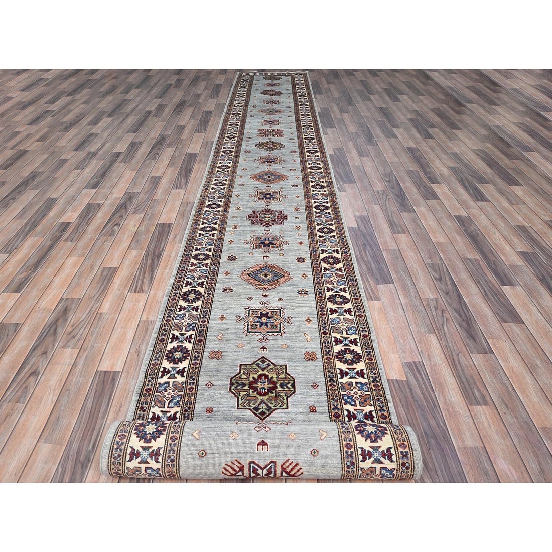 Puritan Gray XL Afghan Hand Knotted Super Kazak Oriental Runner Rug - 2