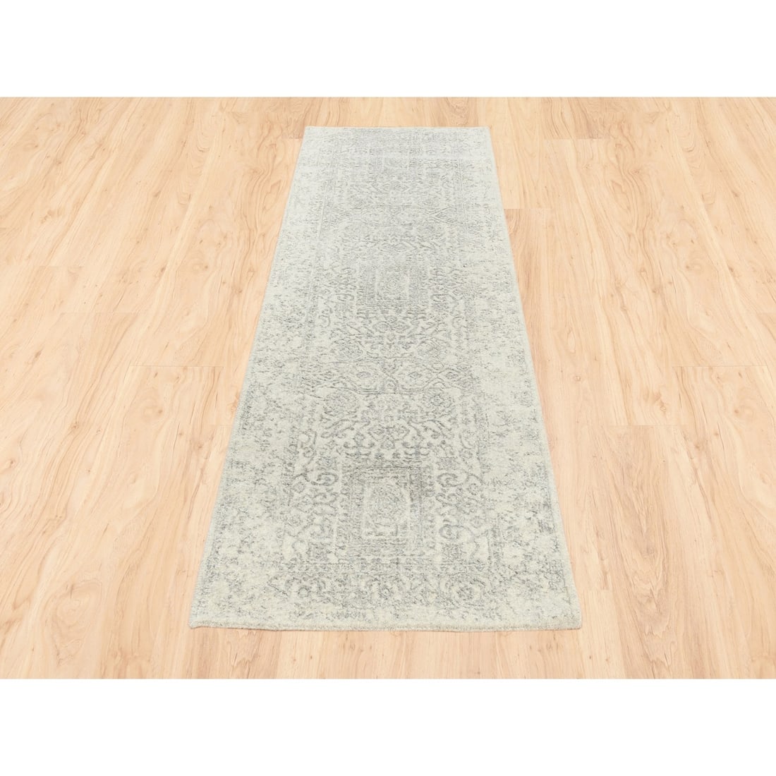 Beige Wool and Silk Hand Loomed Fine Jacquard Runner Rug - 2