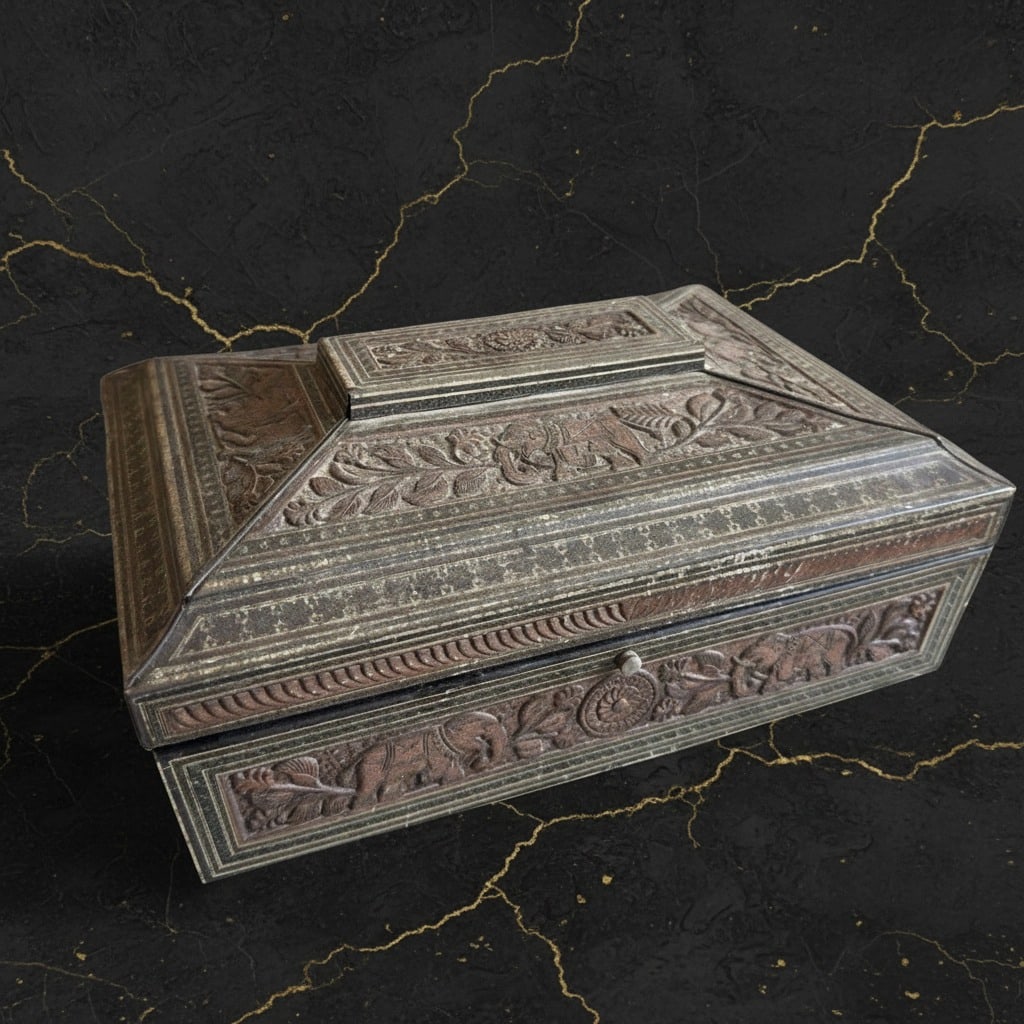 Vintage 1920s Sandalwood Style Biscuit Tin, Decorative Metal Storage Box (1 of 7)