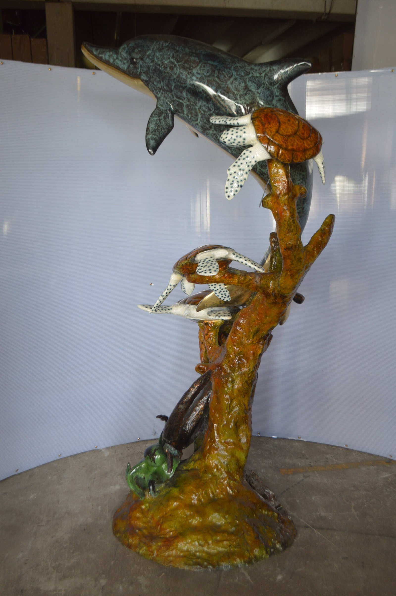 Dolphin with Three Turtles Fountain Bronze Statue - Size: 43"L x 47"W x 74"H. - 9
