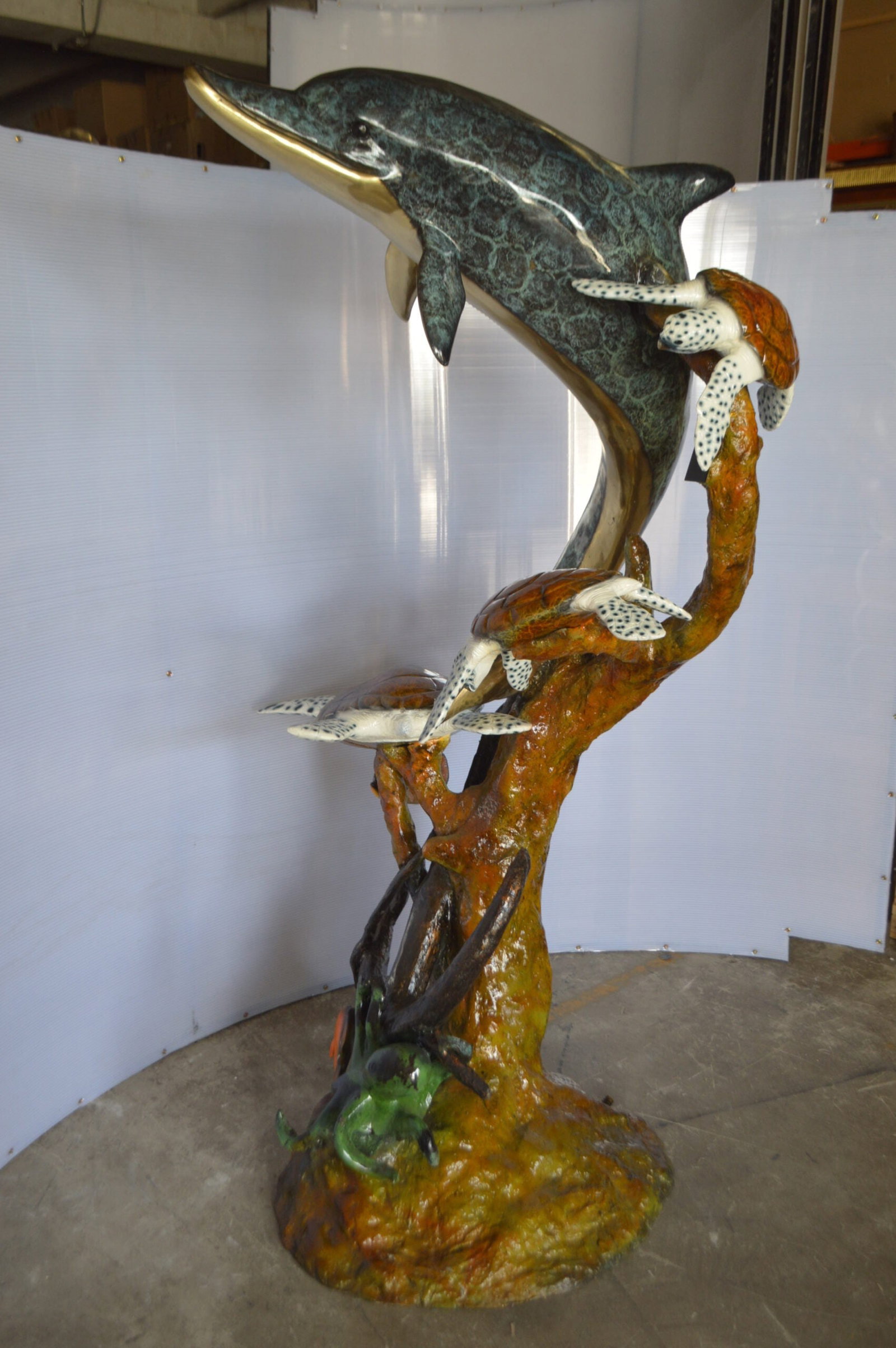 Dolphin with Three Turtles Fountain Bronze Statue - Size: 43"L x 47"W x 74"H. - 10