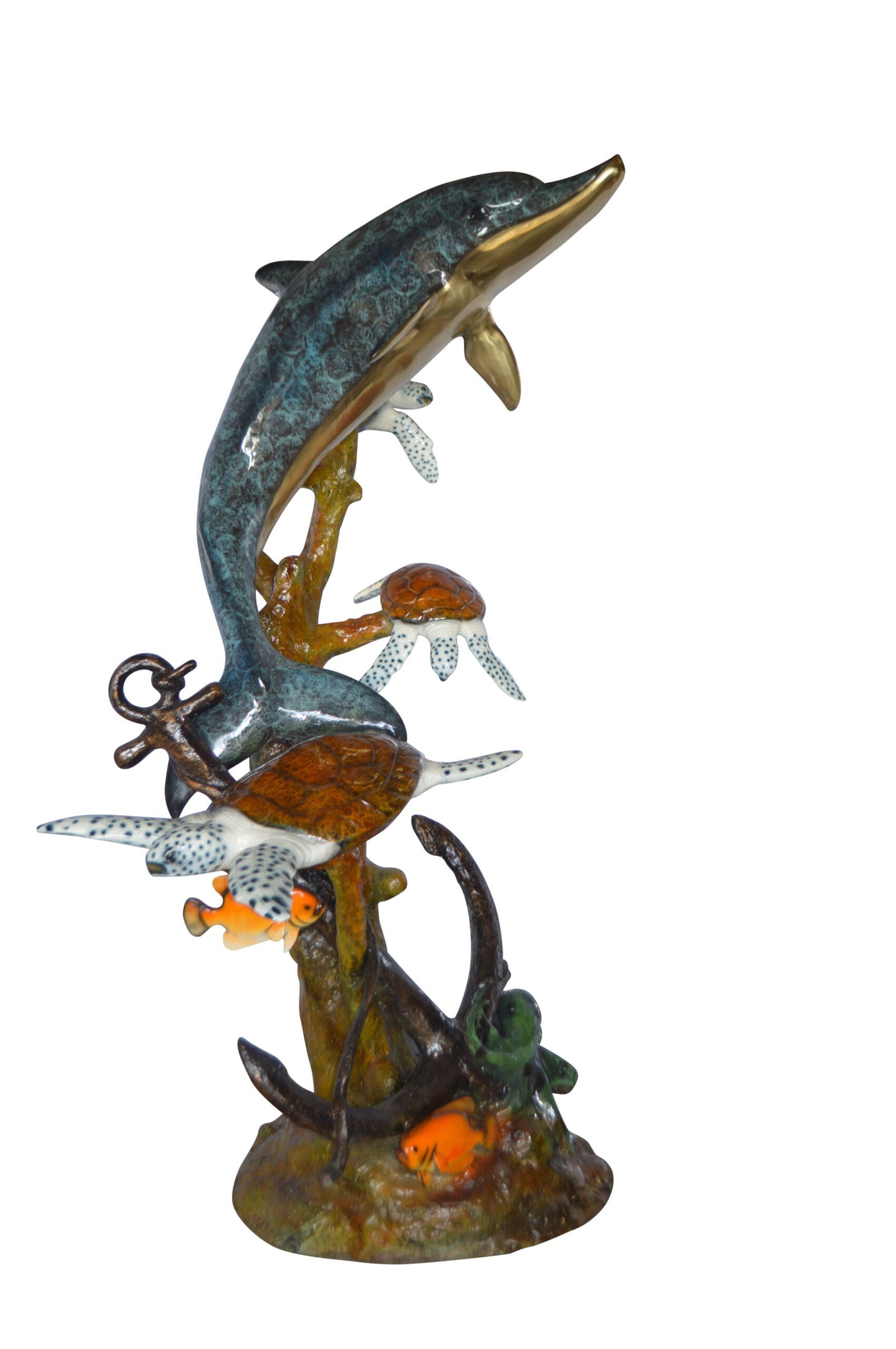 Dolphin with Three Turtles Fountain Bronze Statue - Size: 43"L x 47"W x 74"H.: Title:Dolphin with Three Turtles Fountain Bronze Statue - Size: 43"L x 47"W x 74"H. Description:Surprise your garden guests with this large size outdoor Bronze fountain Statue of a Dolphin and three t