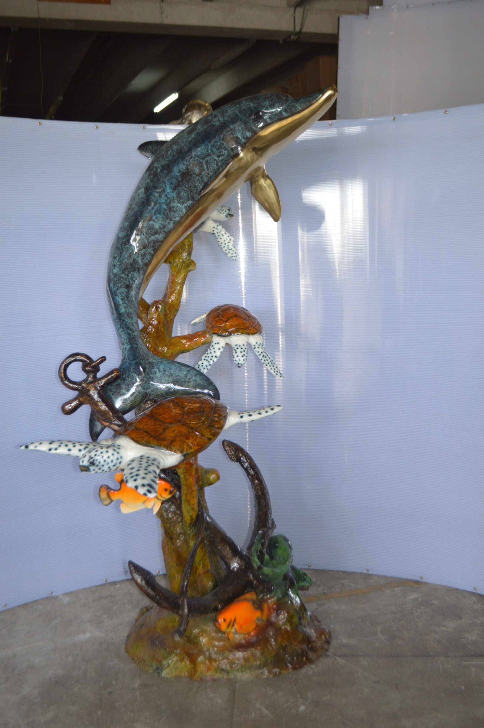 Dolphin with Three Turtles Fountain Bronze Statue - Size: 43"L x 47"W x 74"H. - 2