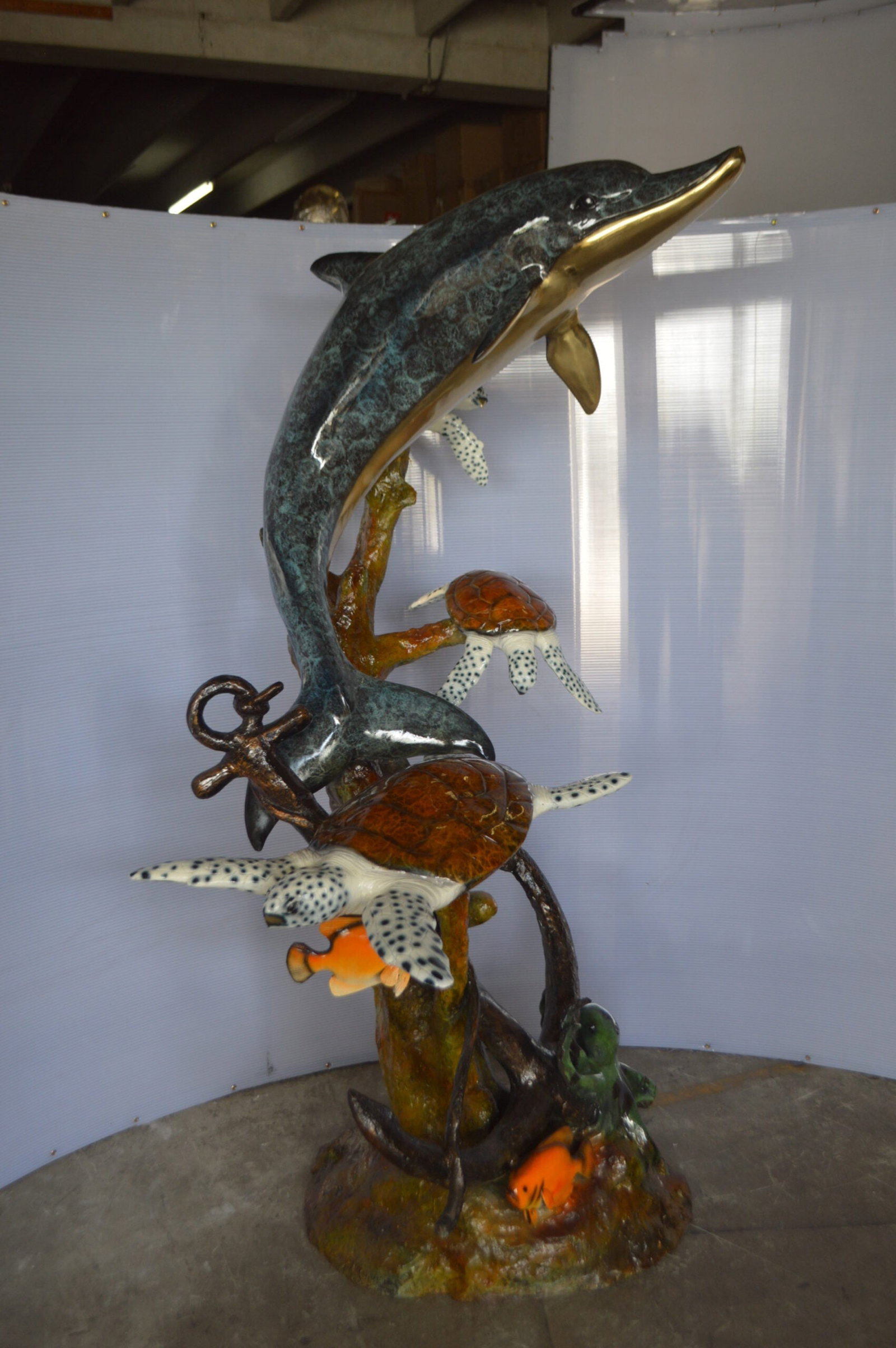 Dolphin with Three Turtles Fountain Bronze Statue - Size: 43"L x 47"W x 74"H. - 3