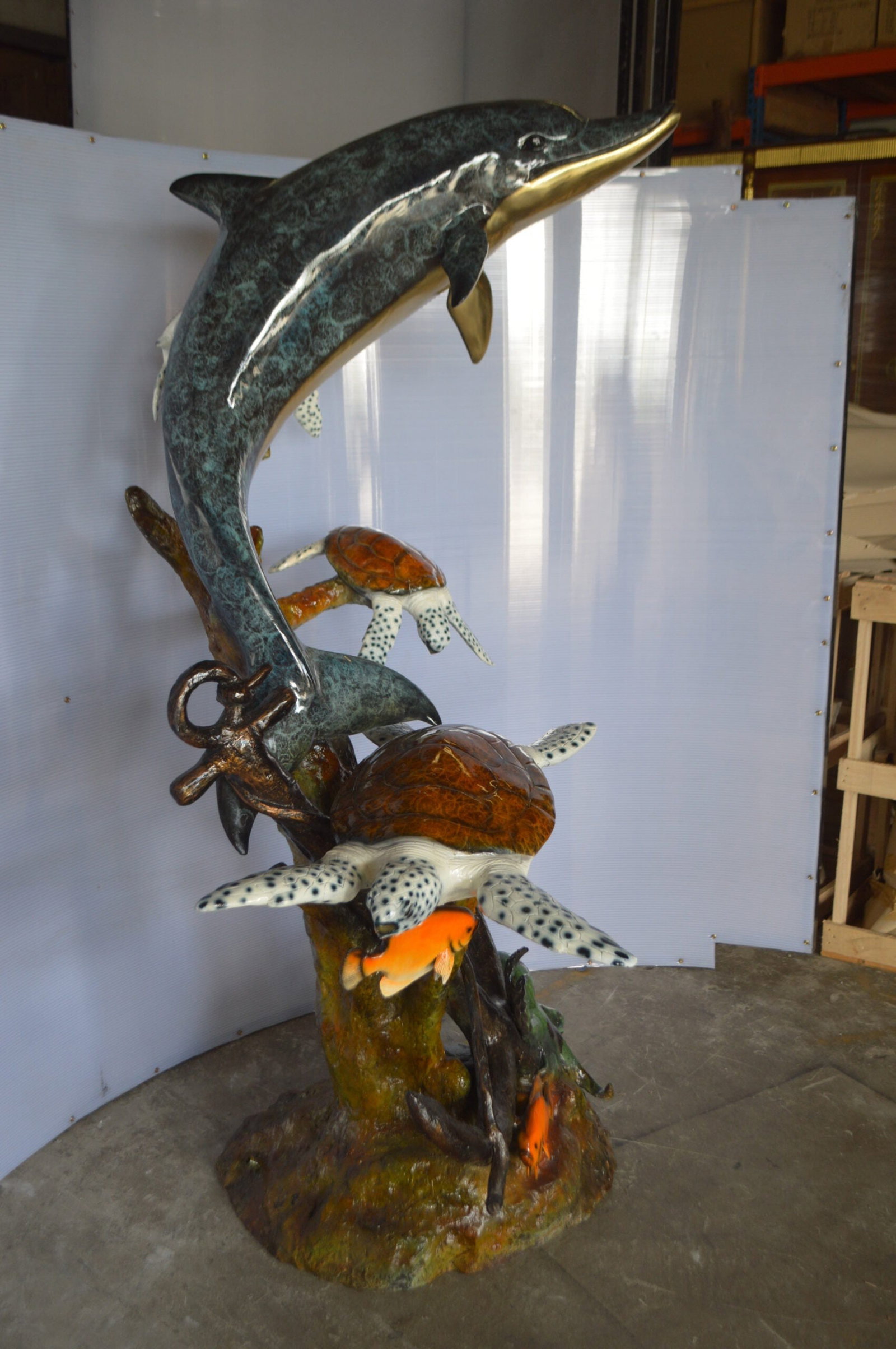Dolphin with Three Turtles Fountain Bronze Statue - Size: 43"L x 47"W x 74"H. - 4