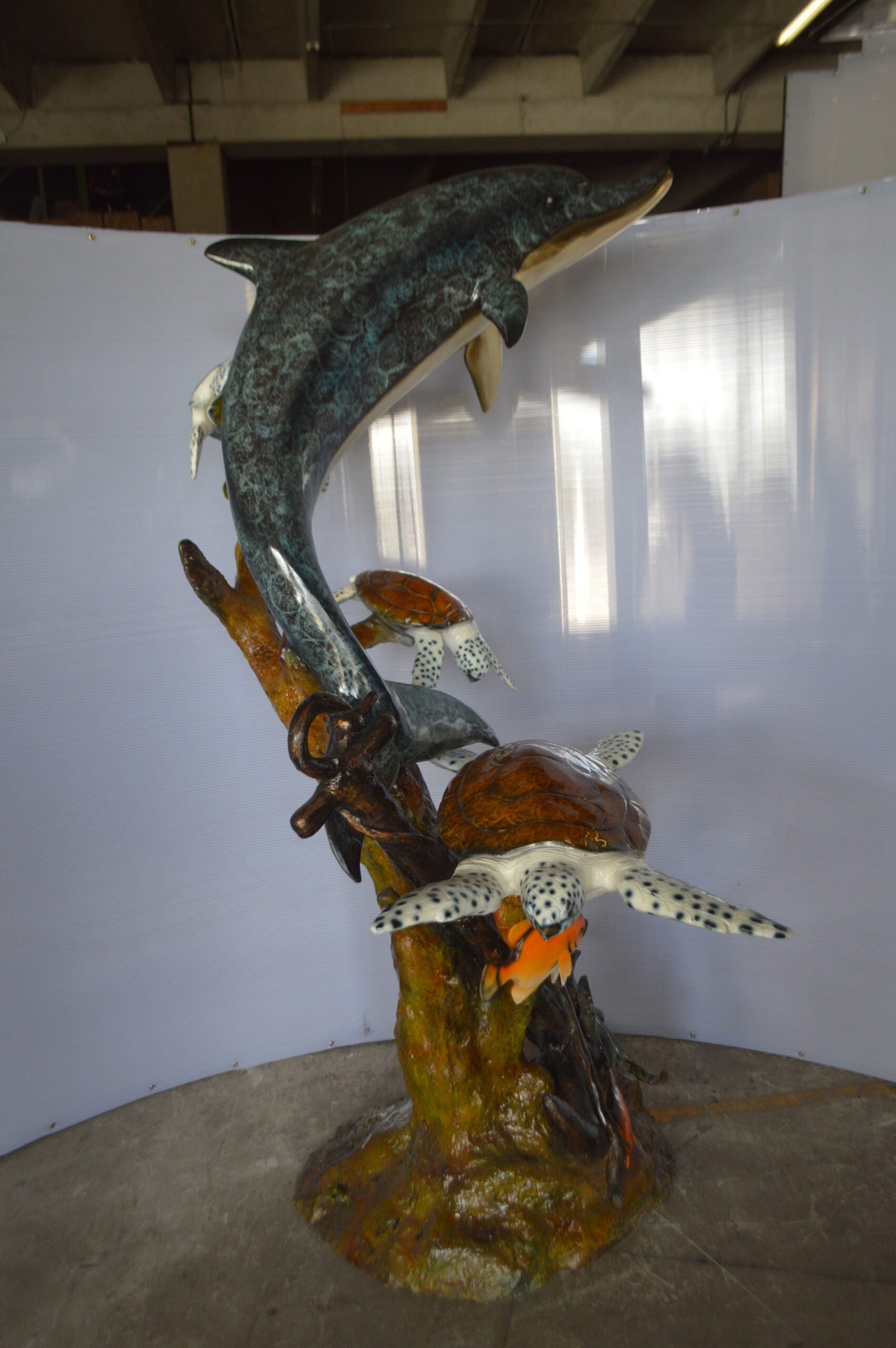 Dolphin with Three Turtles Fountain Bronze Statue - Size: 43"L x 47"W x 74"H. - 5