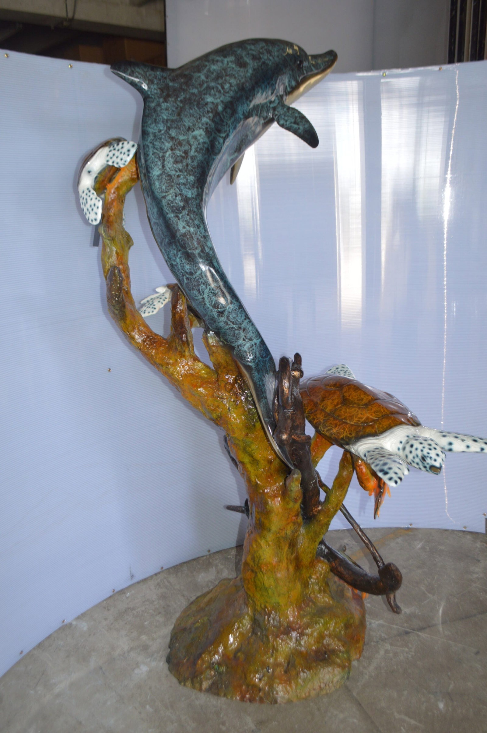 Dolphin with Three Turtles Fountain Bronze Statue - Size: 43"L x 47"W x 74"H. - 6
