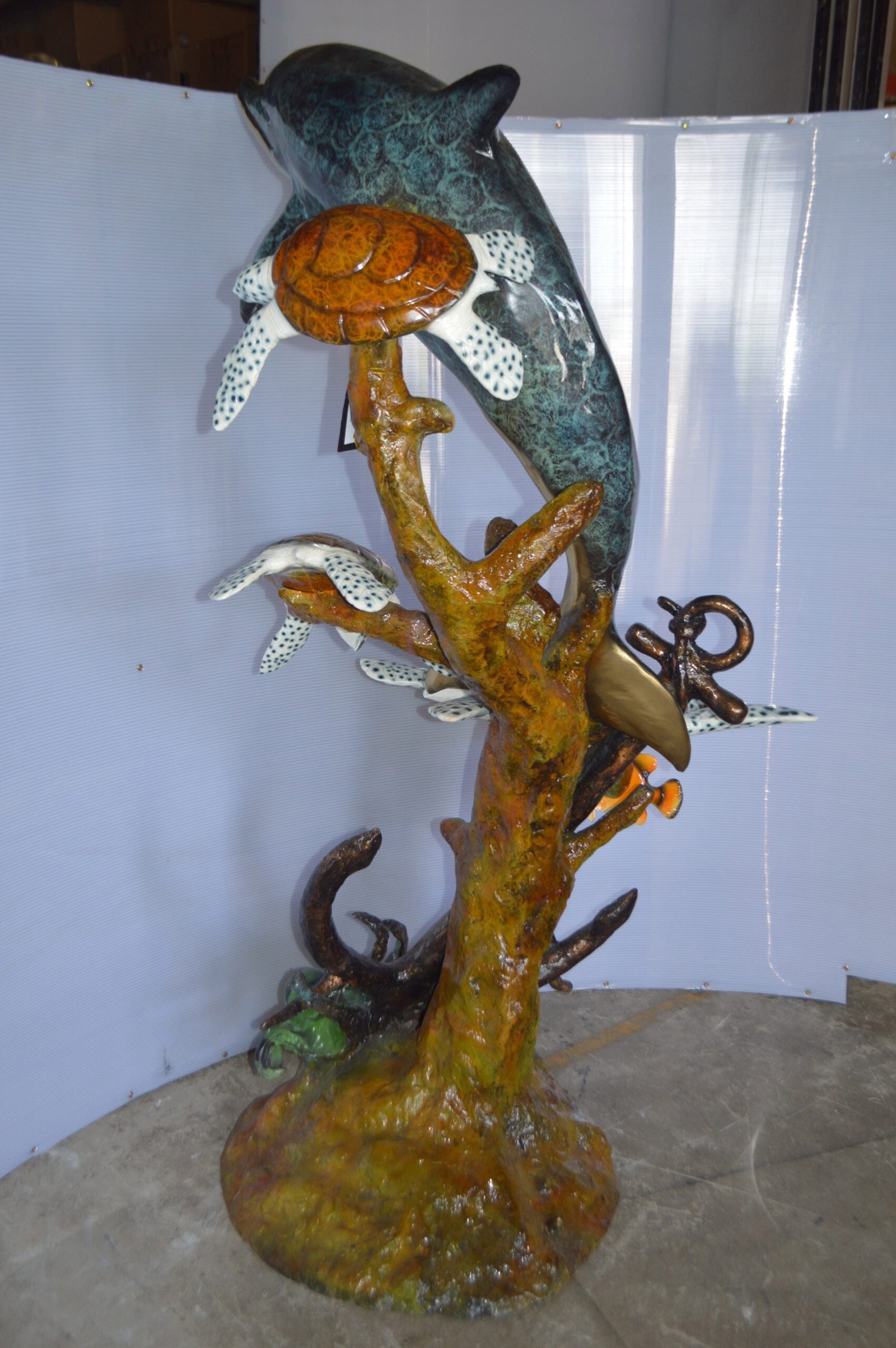 Dolphin with Three Turtles Fountain Bronze Statue - Size: 43"L x 47"W x 74"H. - 8