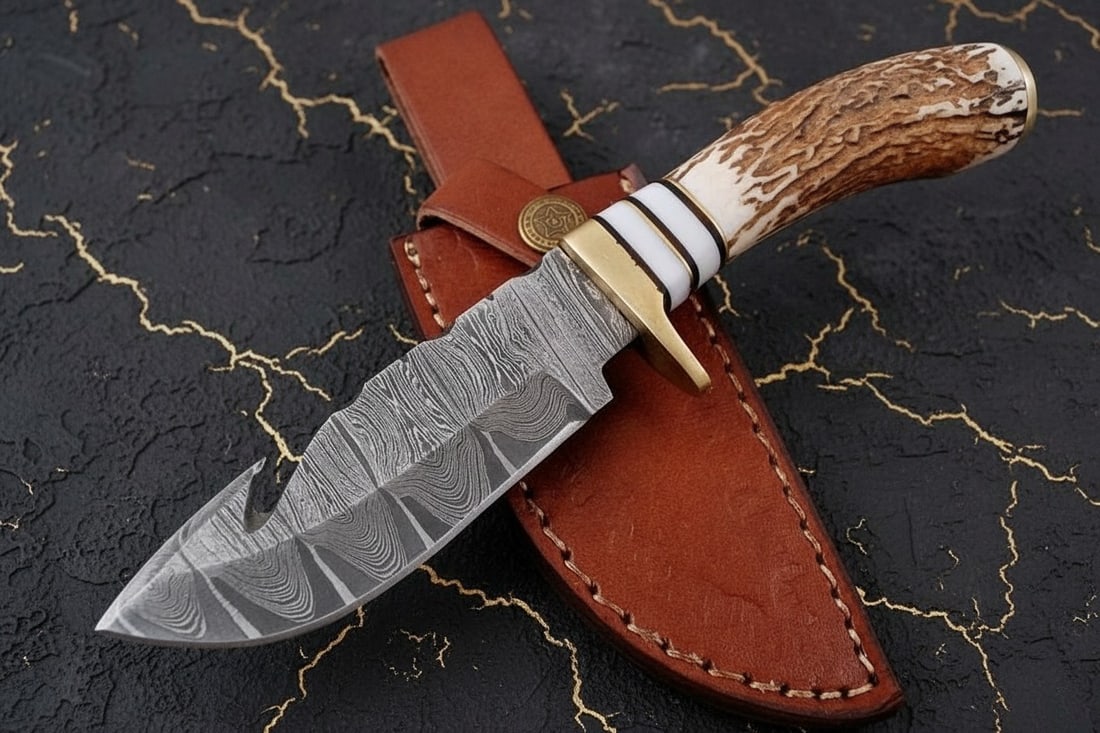8" Hand-Forged Damascus Skinning Knife Stag Horn Handle Survival Hunting Tool: Title:8" Hand-Forged Damascus Skinning Knife Stag Horn Handle Survival Hunting Tool Description:This hand-forged Damascus steel knife is a versatile tool designed for hunting, camping, survival, and h