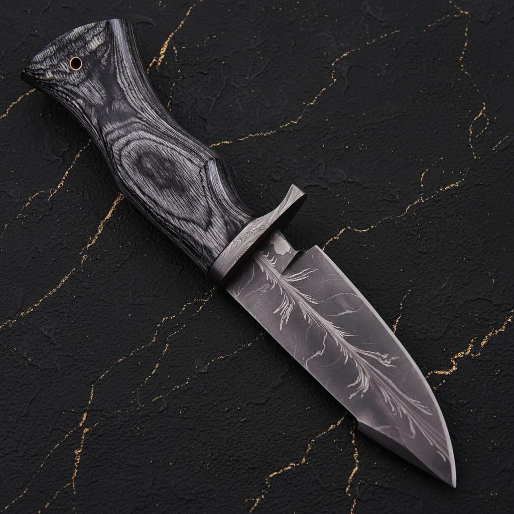 Feather Pattern Damascus Steel Skinner Knife Hand Forged with Greywood Handle Sheath - 3