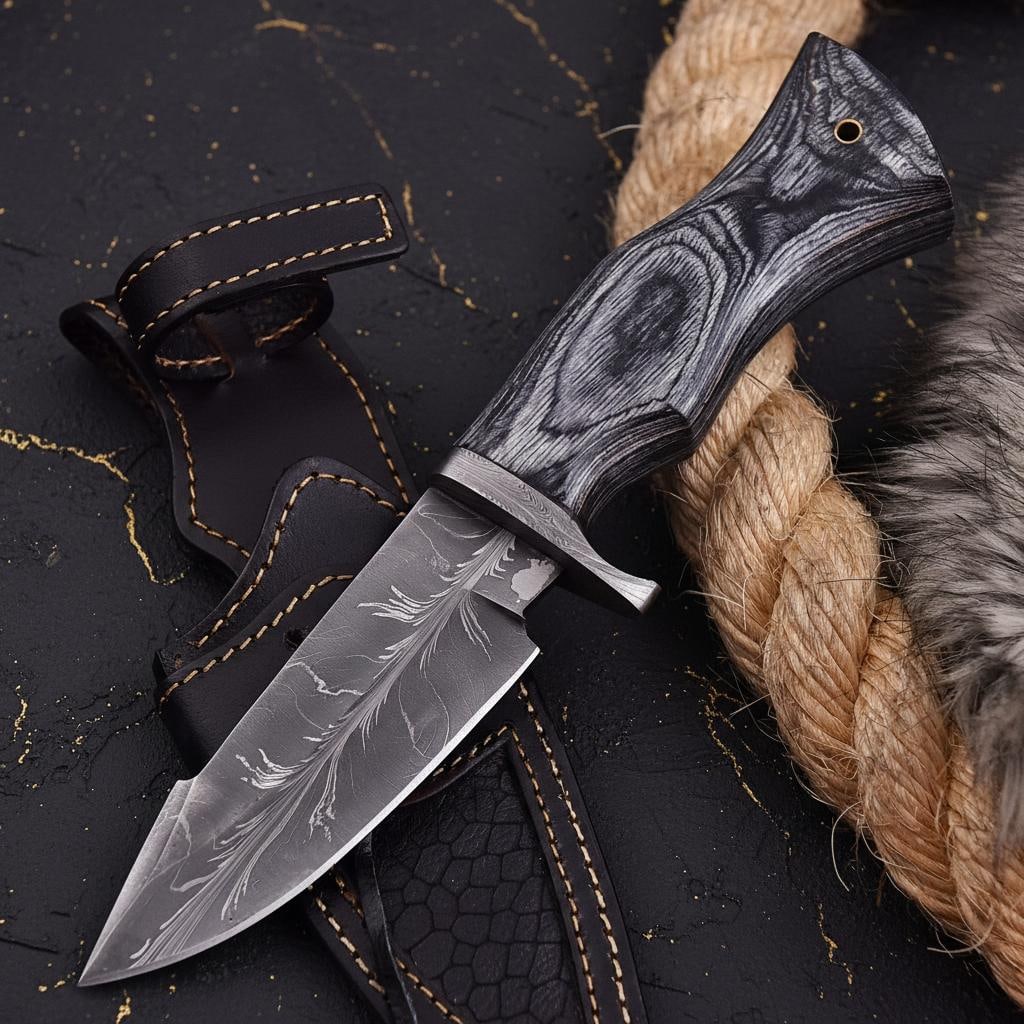 Feather Pattern Damascus Steel Skinner Knife Hand Forged with Greywood Handle Sheath - 4