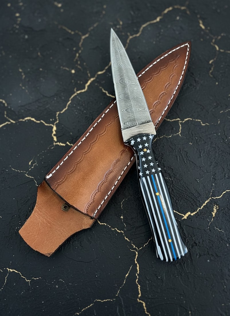 Handcrafted Blue Line Damascus Steel Boot Dagger Knife with Leather Sheath (1 of 4)