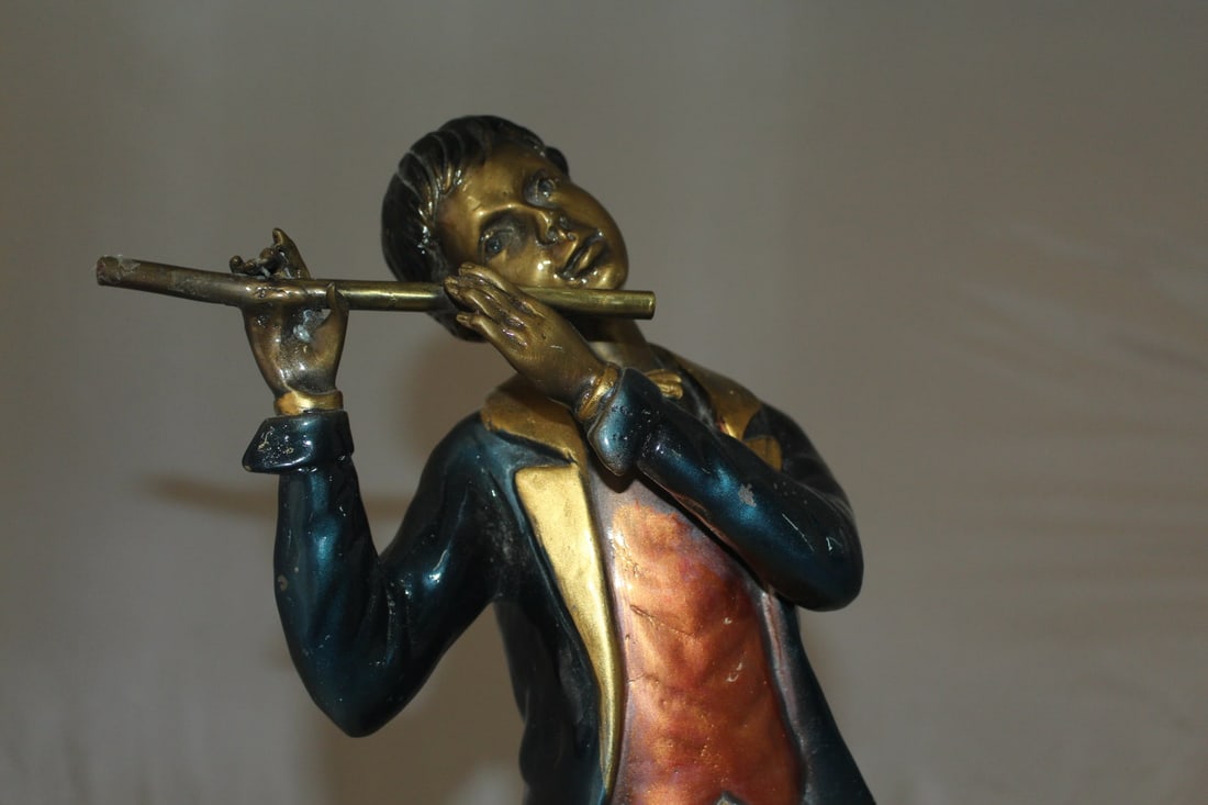 Boy Playing the Flute Bronze Statue - Size: 5"L x 10"W x 19"H. - 10