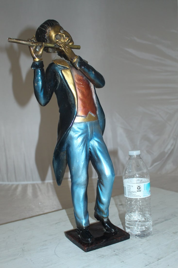 Boy Playing the Flute Bronze Statue - Size: 5"L x 10"W x 19"H. - 3