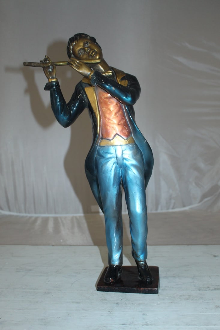 Boy Playing the Flute Bronze Statue - Size: 5"L x 10"W x 19"H. - 5