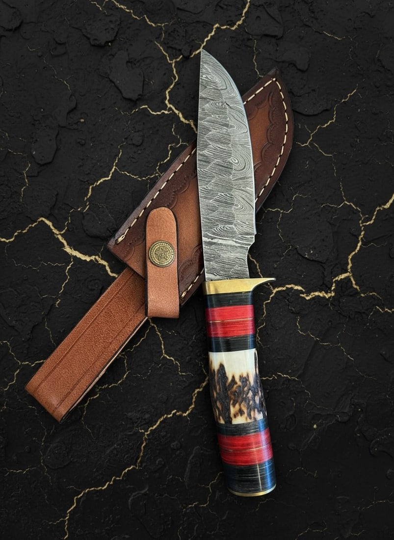 Hand-Forged Damascus Steel Hunting Knife Stag Antler Handle w/ Leather Case: Title:Hand-Forged Damascus Steel Hunting Knife Stag Antler Handle w/ Leather Case Description:This handcrafted knife features a 10-inch overall length and is paired with a durable cowhide leather shea